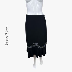 Dress Barn Women's Embellished Floral Design Ruffle Midi Skirt in Black Size 6